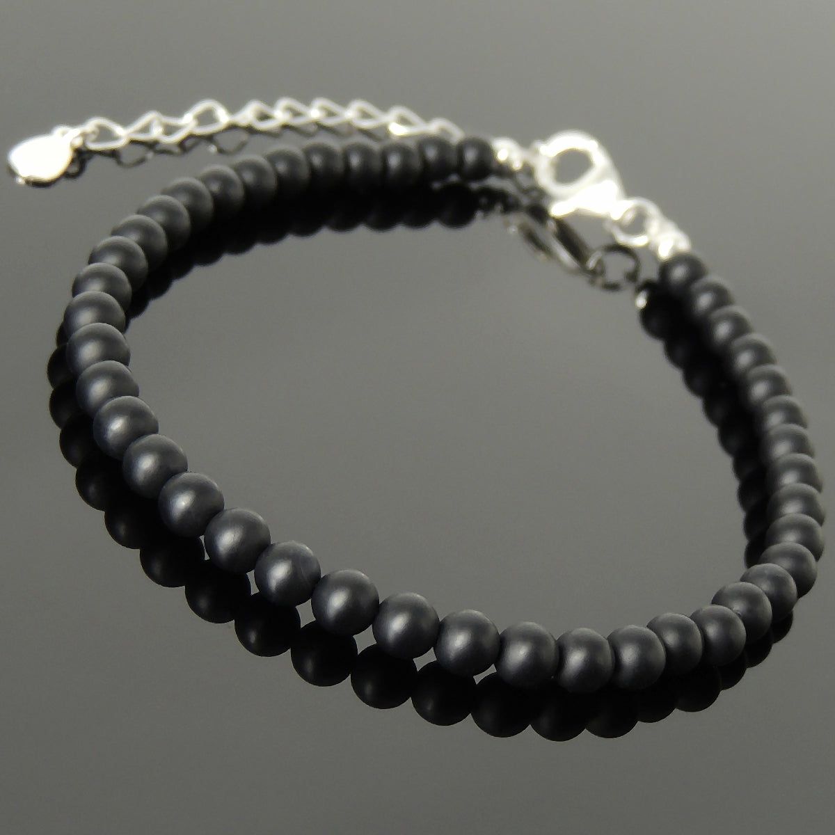 4mm Matte Black Onyx Healing Gemstone Bracelet with S925 Sterling Silver Chain & Clasp | Bracelets Bracelets Bracelets