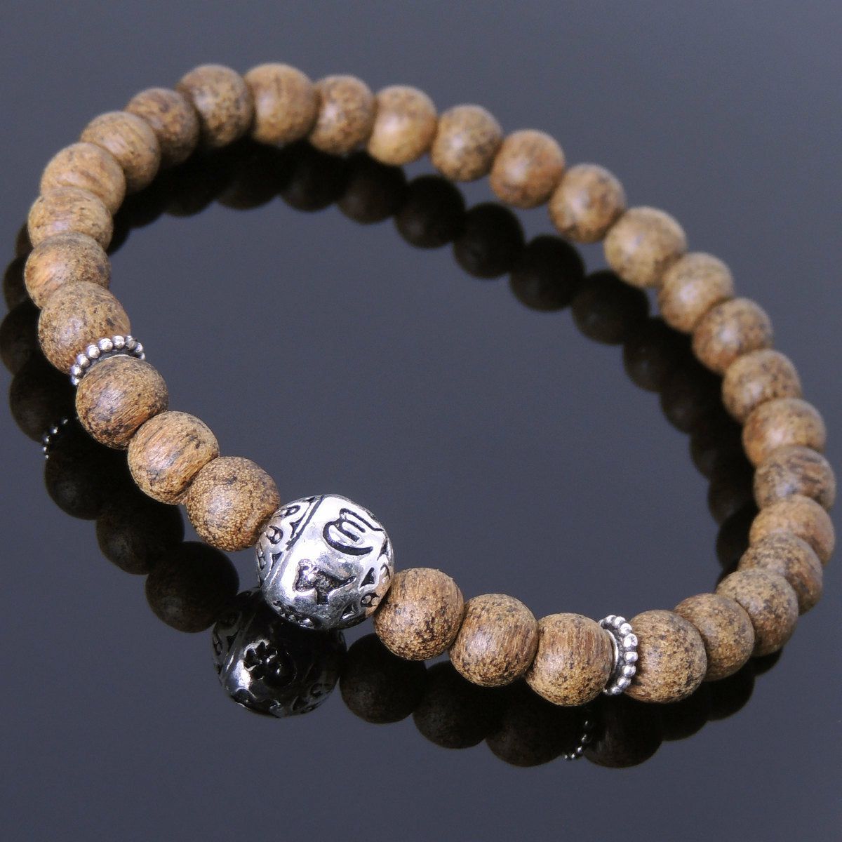 6.5mm Golden Agarwood Meditation Bracelet with S925 Sterling Silver Spacers & OM Mantra Bead | Bracelets Agarwood Agarwood