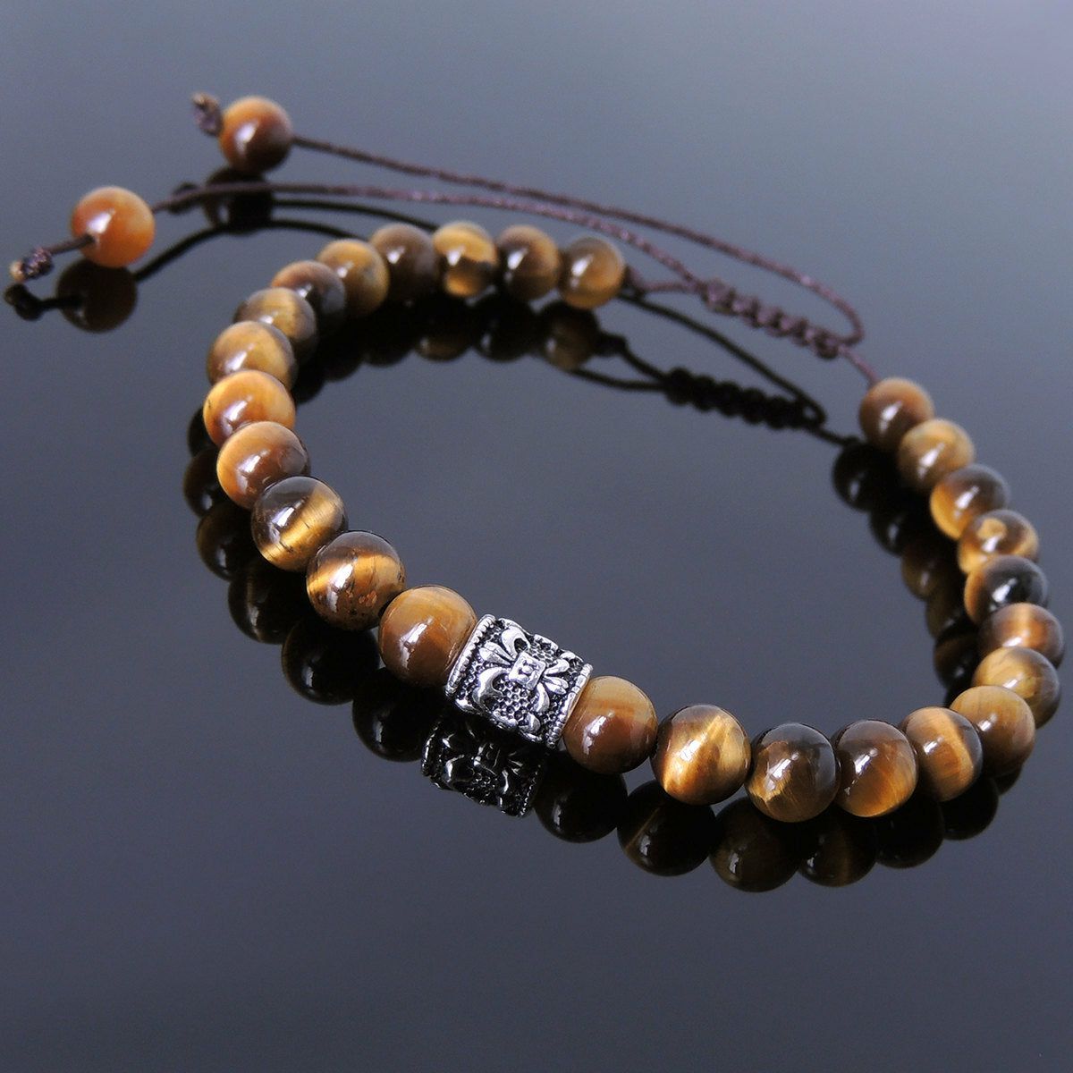 6mm Brown Tiger Eye Adjustable Braided Gemstone Bracelet with S925 Sterling Silver Fleur de Lis Barrel Bead | Bracelets Bracelets Bracelets