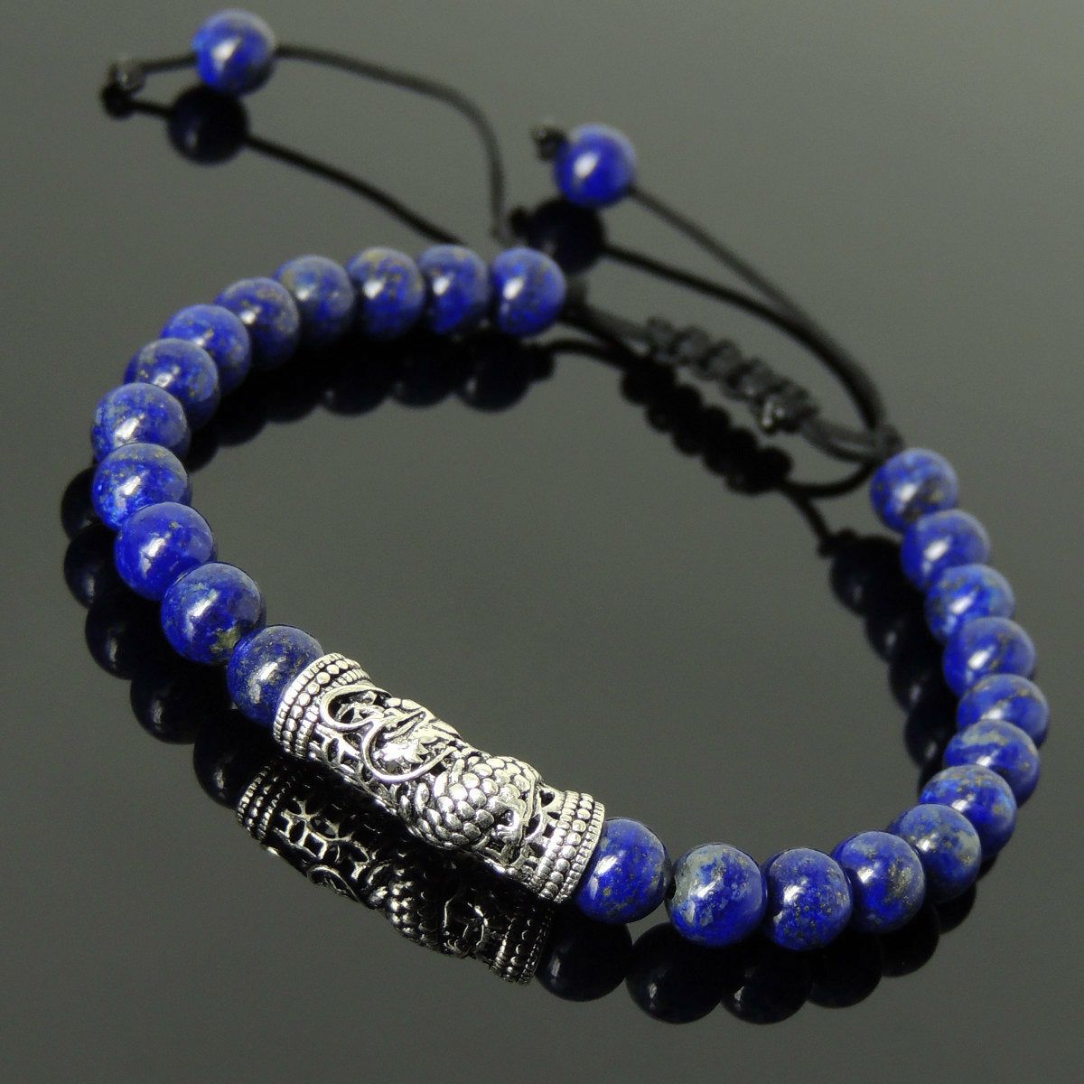 6mm Lapis Lazuli Adjustable Braided Gemstone Bracelet with S925 Sterling Silver Dragon Charm | Bracelets Bracelets Bracelets