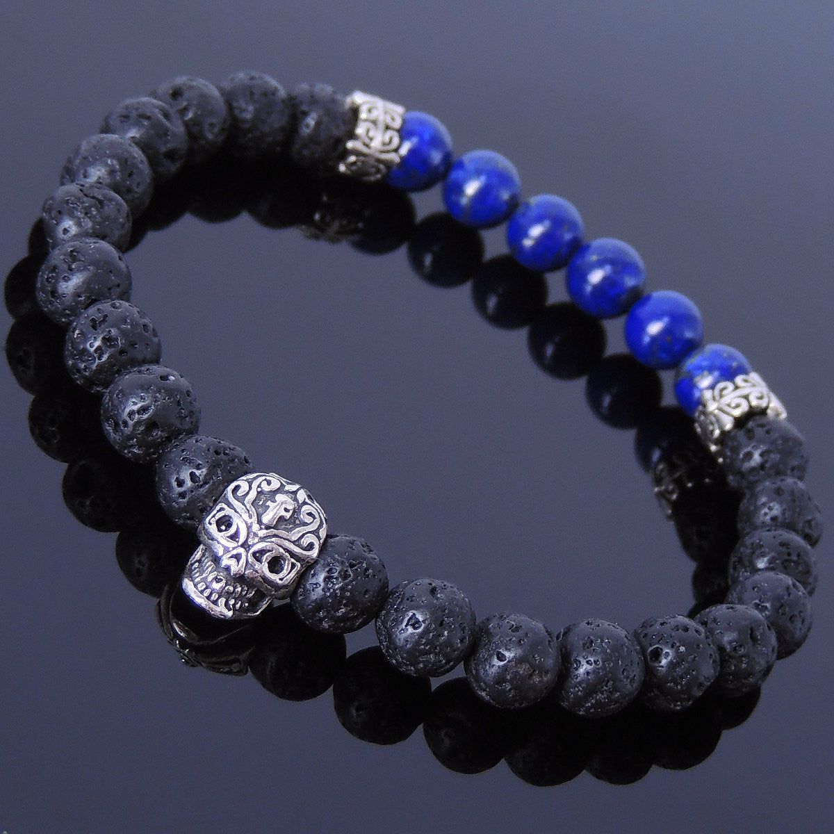 6mm Lapis Lazuli & Lava Rock Healing Gemstone Bracelet with S925 Sterling Silver Day of the Dead Skull Bead & Cross Spacers | Bracelets Bracelets Bracelets