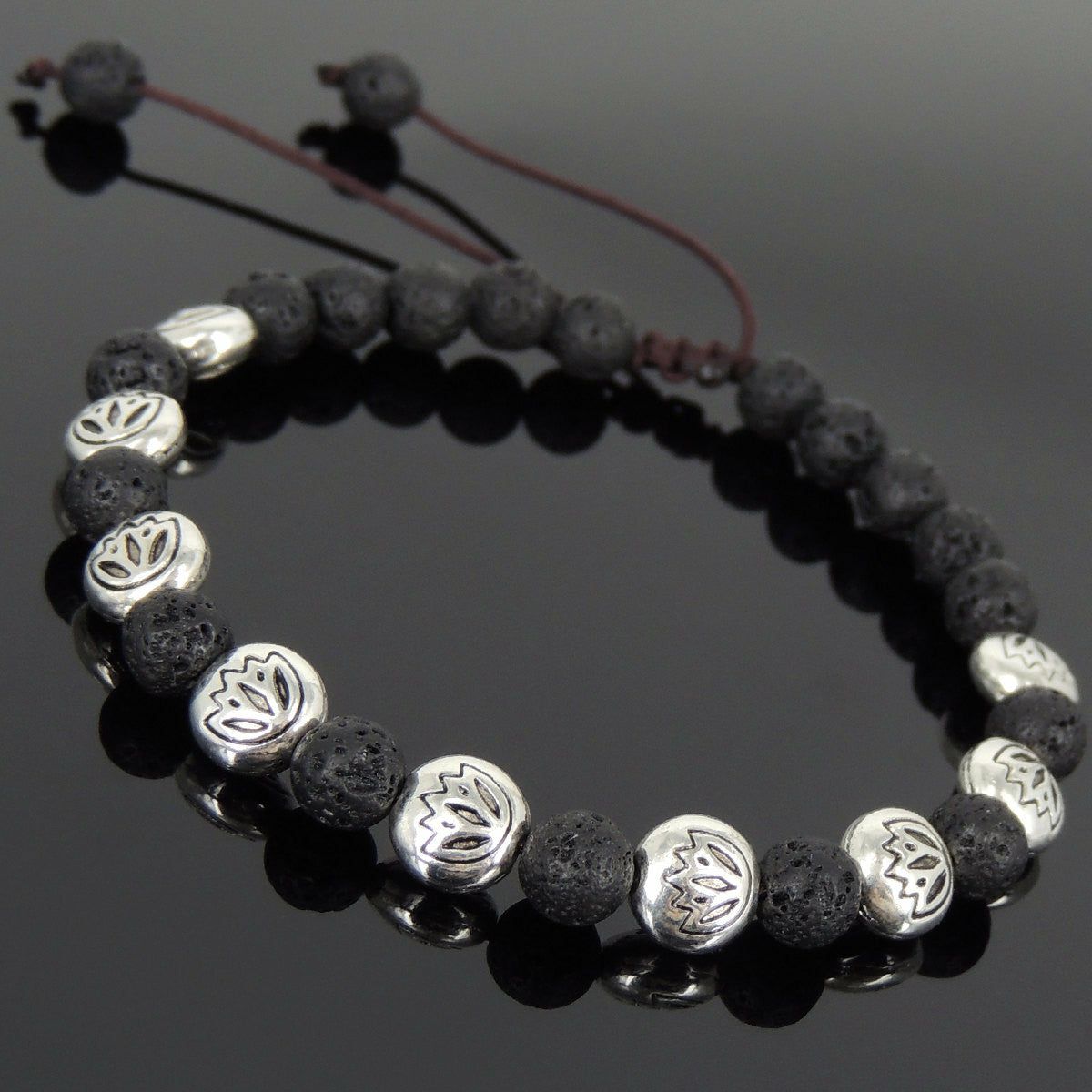 6mm Lava Rock Adjustable Braided Stone Bracelet with Tibetan Silver Engraved Lotus Beads | Bracelets Bracelets Bracelets