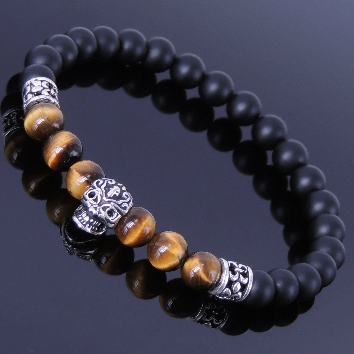 6mm Matte Black Onyx & Brown Tiger Eye Healing Gemstone Bracelet with S925 Sterling Silver Día de los Muertos Sugar Skull Inspired Bead & Fleur de Lis Spacers- Handmade by Gem & Silver BR253 | Bracelets Bracelets Bracelets