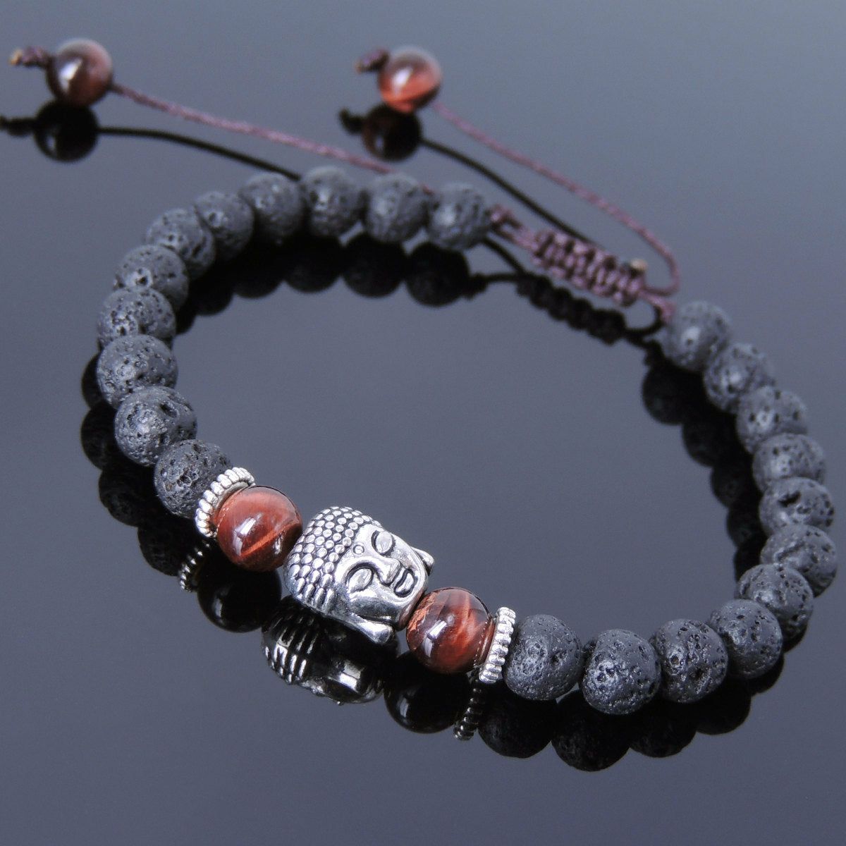 6mm Red Tiger Eye & Lava Rock Adjustable Braided Stone Bracelet with Tibetan Silver Spacers & Sakyamuni Buddha Bead | Bracelets Bracelets Bracelets