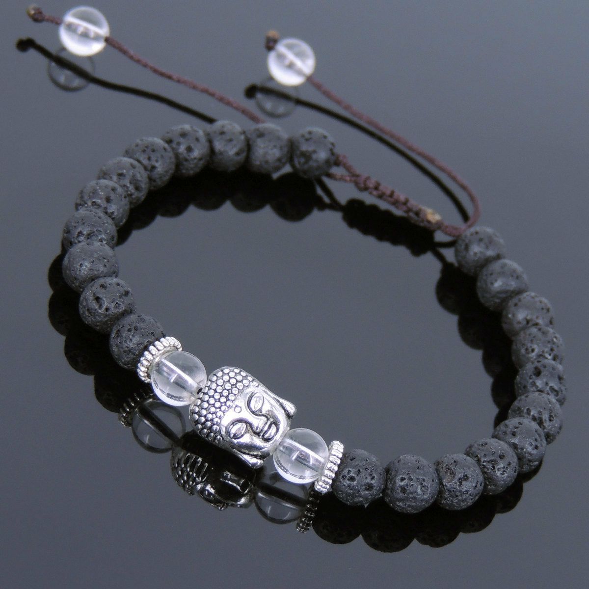 6mm White Crystal Quartz & Lava Rock Adjustable Braided Stone Bracelet with Tibetan Silver Spacers & Sakyamuni Buddha Bead | Bracelets Bracelets Bracelets