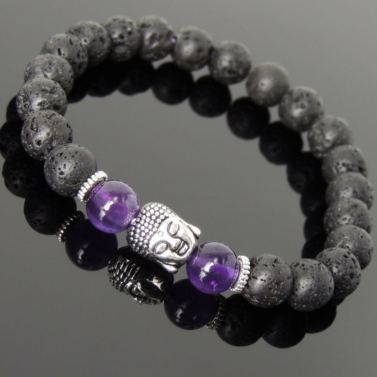 8mm Amethyst & Lava Rock Healing Gemstone Bracelet with Tibetan Silver Sakyamuni Buddha & Spacers | Bracelets Bracelets Bracelets