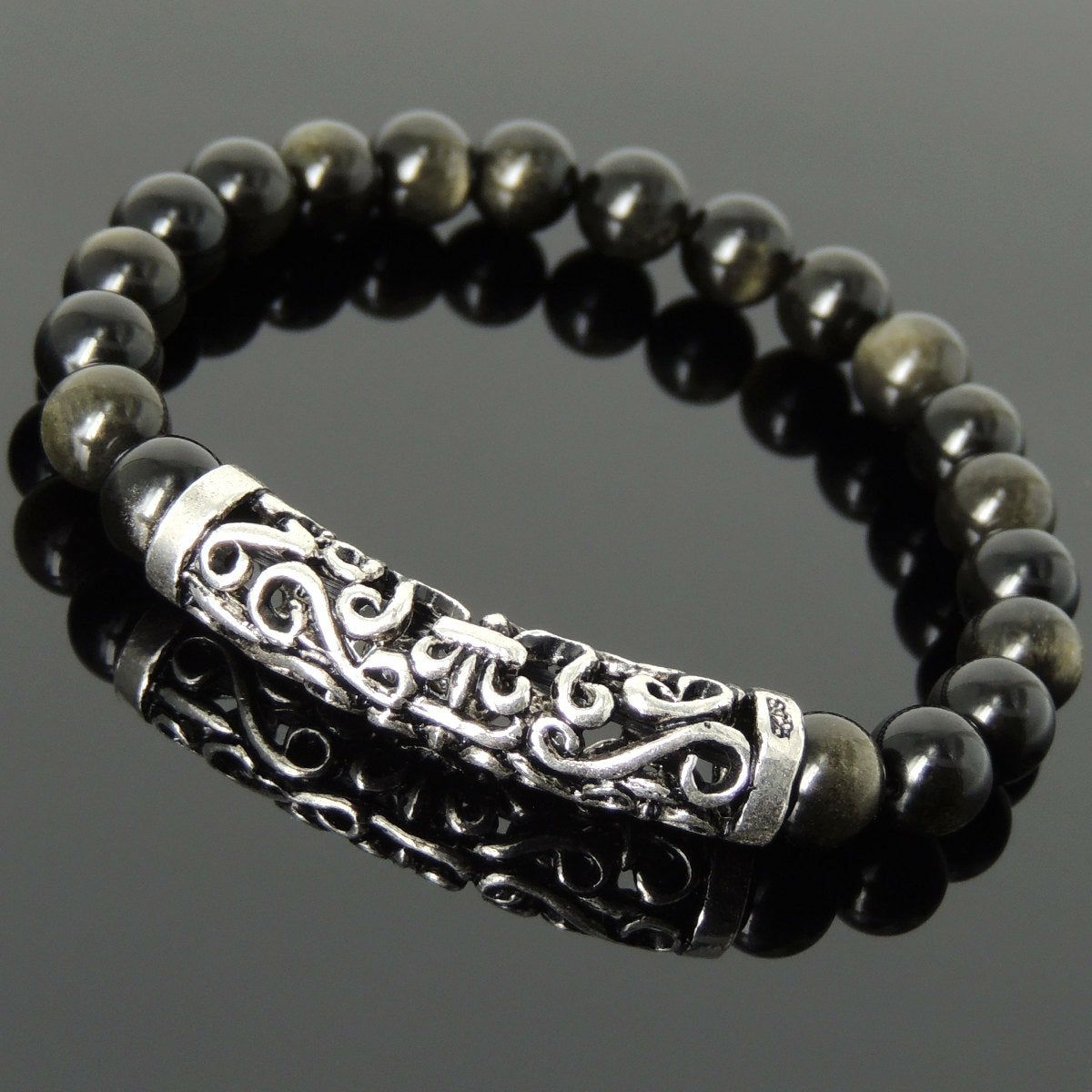 8mm Golden Obsidian Healing Gemstone Bracelet with S925 Sterling Silver Celtic Fleur de Lis Charm | Bracelets Bracelets Bracelets