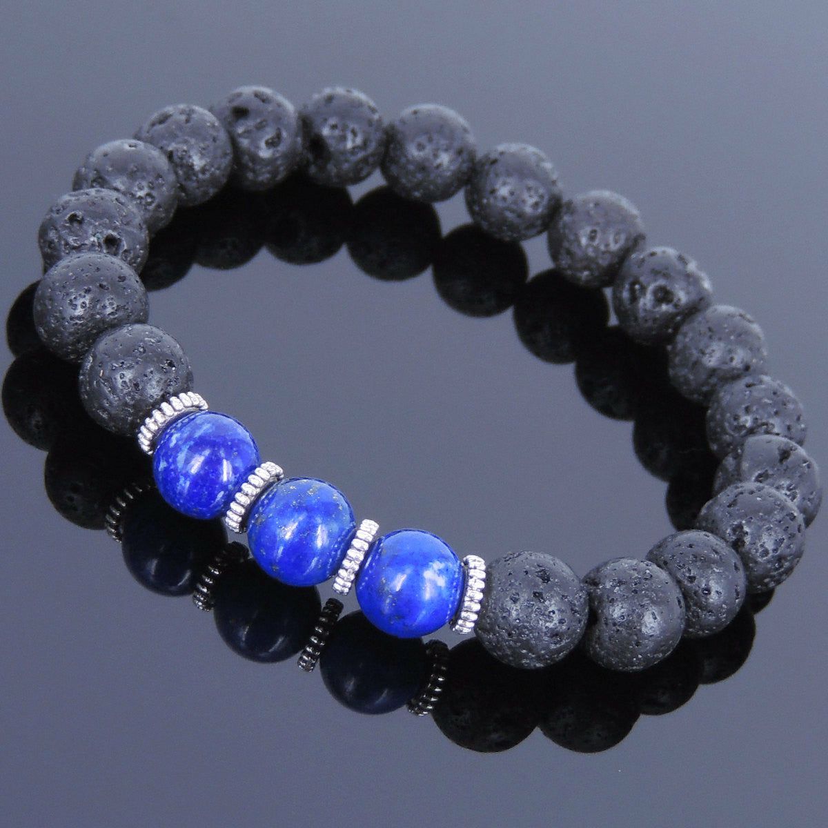 8mm Lapis Lazuli & Lava Rock Healing Gemstone Bracelet with Tibetan Silver Spacers | Bracelets Bracelets Bracelets