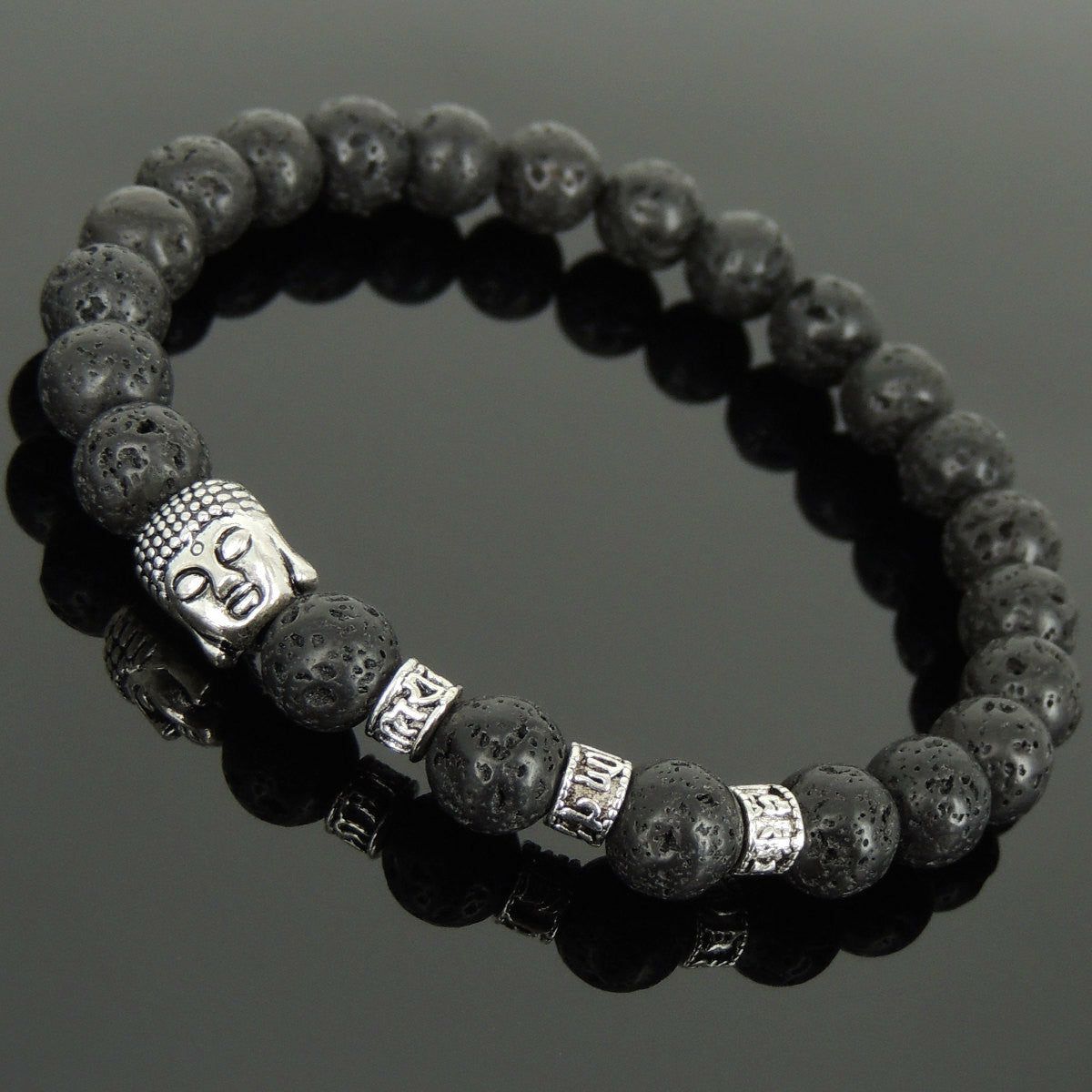 8mm Lava Rock Healing Stone Bracelet with Tibetan Silver Sakyamuni Buddha & OM Meditation Spacers | Bracelets Bracelets Bracelets