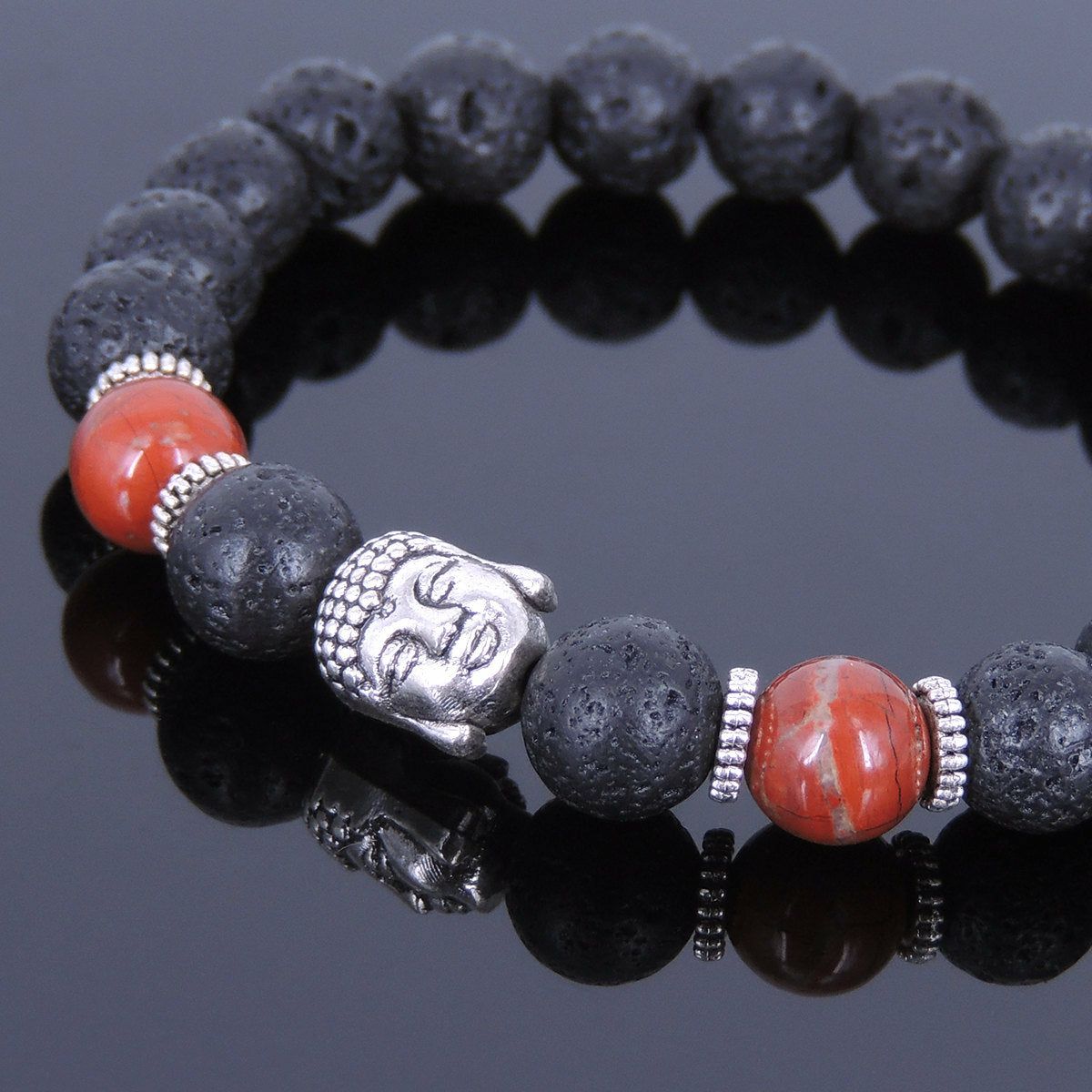 8mm Red Jasper & Lava Rock Healing Stone Bracelet with Tibetan Silver Guanyin Buddha & Spacers | Bracelets Bracelets Bracelets