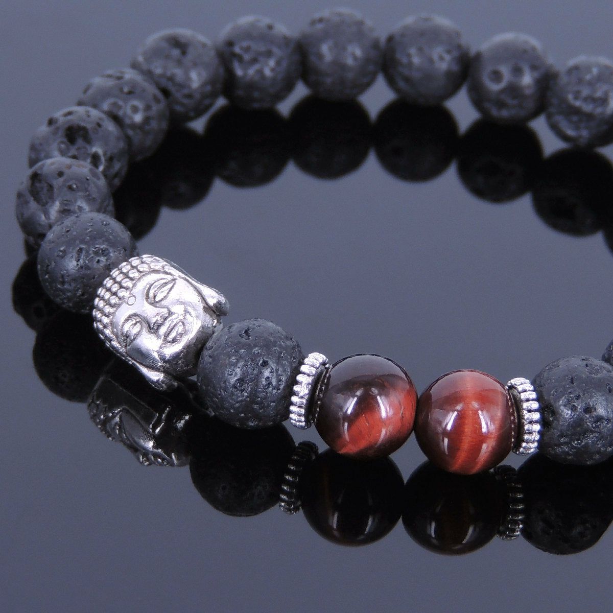 8mm Red Tiger Eye & Lava Rock Healing Stone Bracelet with Tibetan Silver Guanyin Buddha & Spacers | Bracelets Bracelets Bracelets