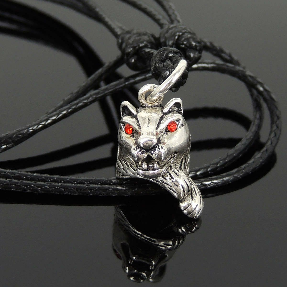 Adjustable Wax Rope Necklace with S925 Sterling Silver Jungle Cat Pendant & Garnet Gemstone Eyes | Necklaces Jewelry Necklaces