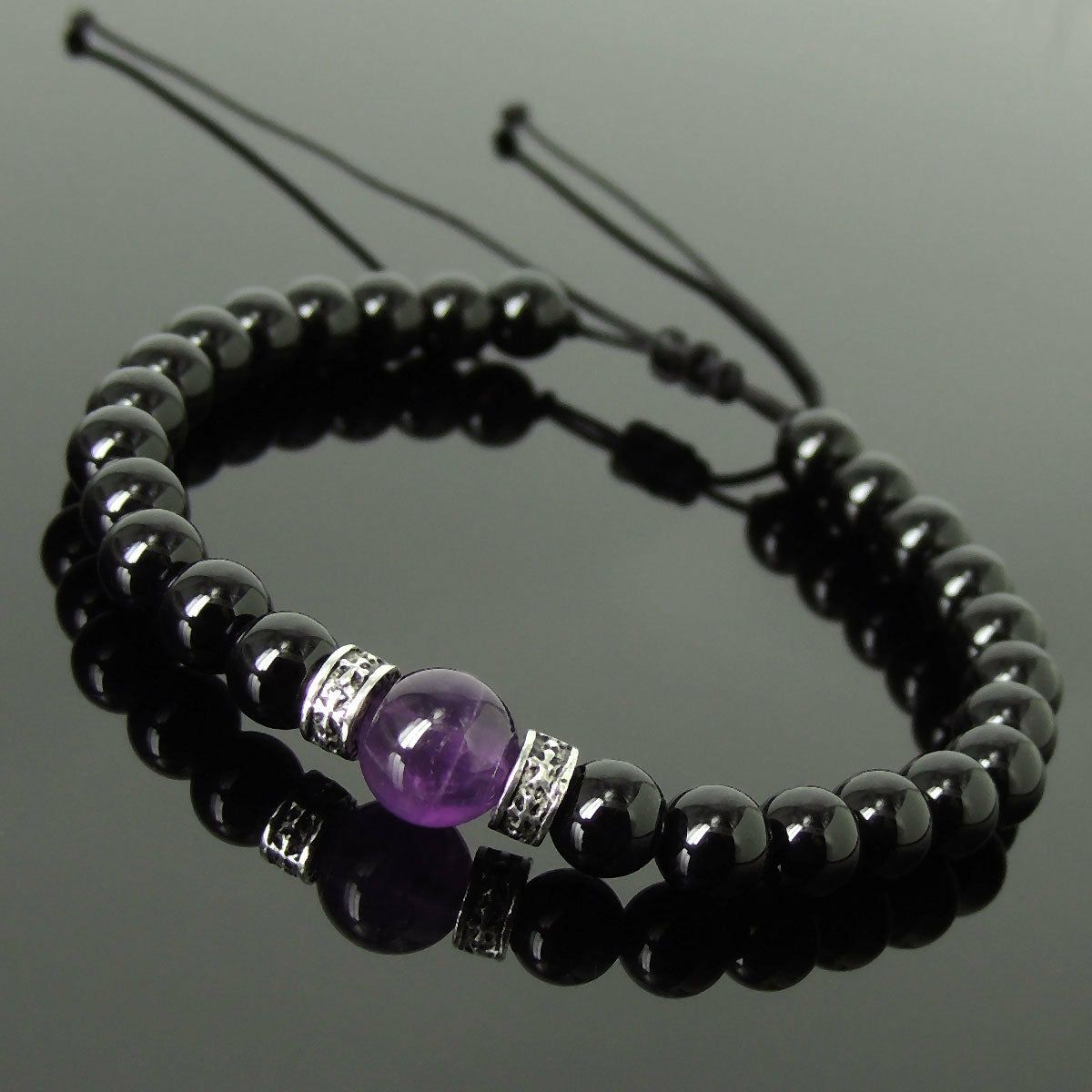 Amethyst & Bright Black Onyx Adjustable Braided Bracelet with S925 Sterling Silver Celtic Cross Spacer Charms | Bracelets Bracelets Bracelets