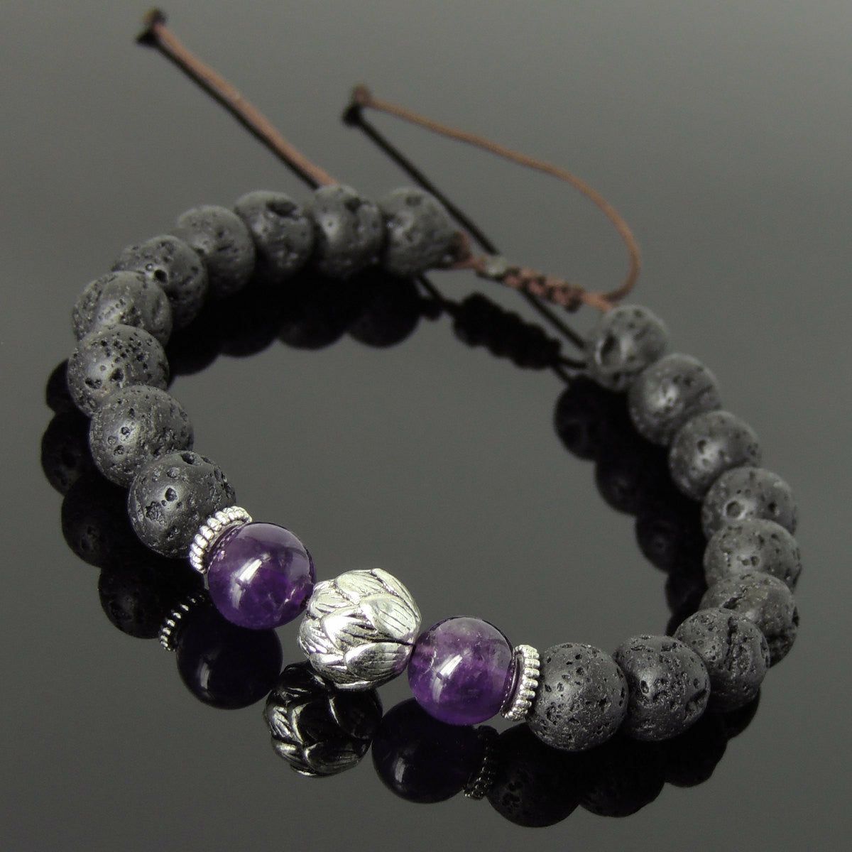 Amethyst & Lava Rock Adjustable Braided Gemstone Bracelet with Tibetan Silver Lotus Bead | Bracelets Bracelets Bracelets