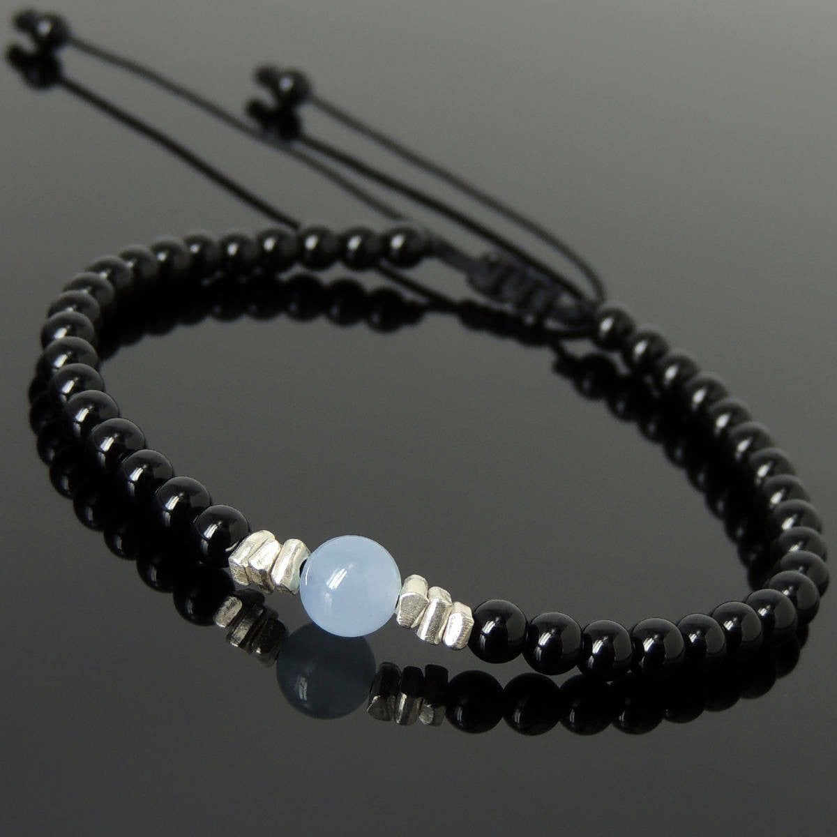 Aquamarine & Bright Black Onyx Adjustable Braided Bracelet with S925 Sterling Silver Nugget Beads | Bracelets Bracelets Bracelets