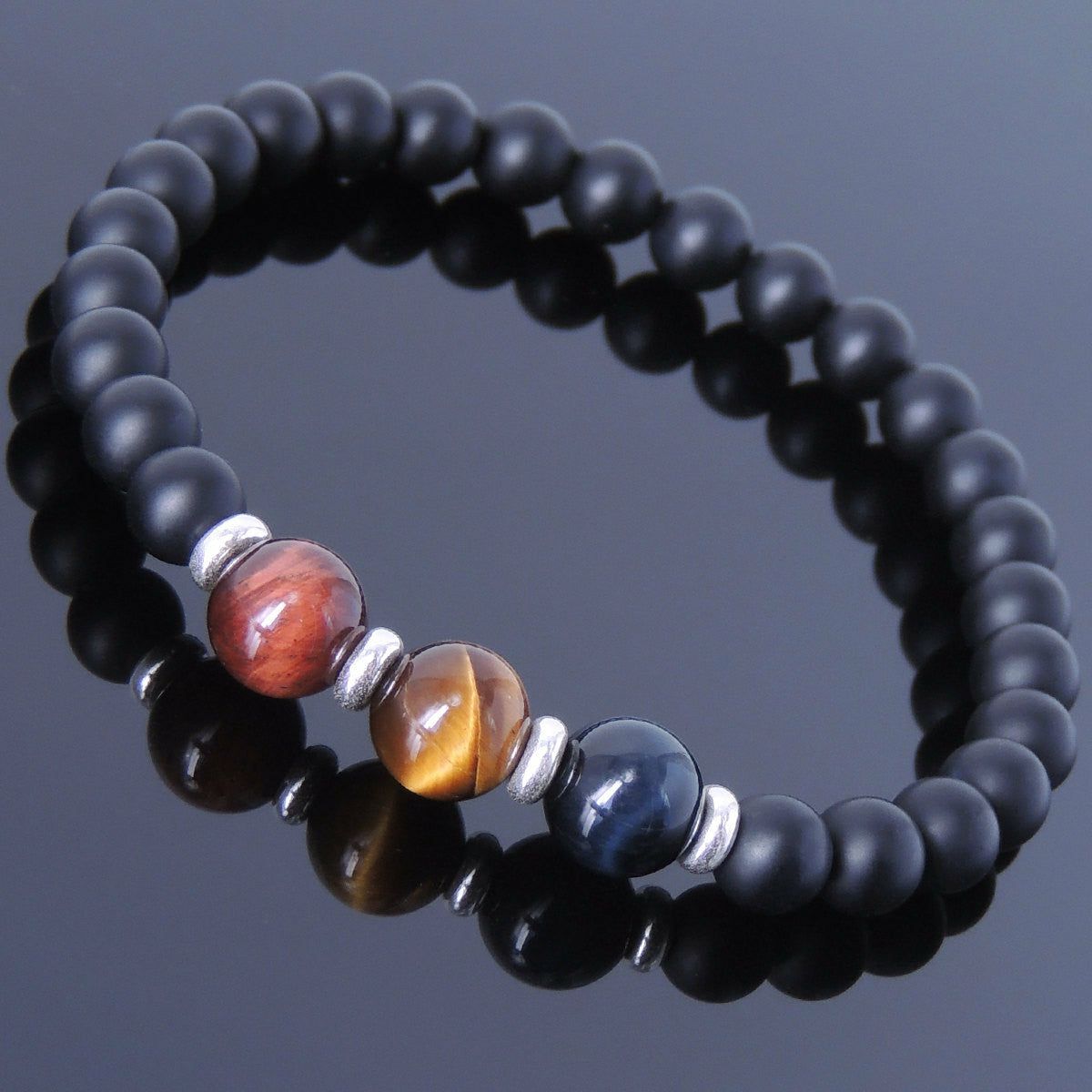 Matte Black Onyx & Red, Brown, Blue Tiger Eye Healing Gemstone Bracelet with S925 Sterling Silver Spacer Beads | Bracelets Bracelets Bracelets