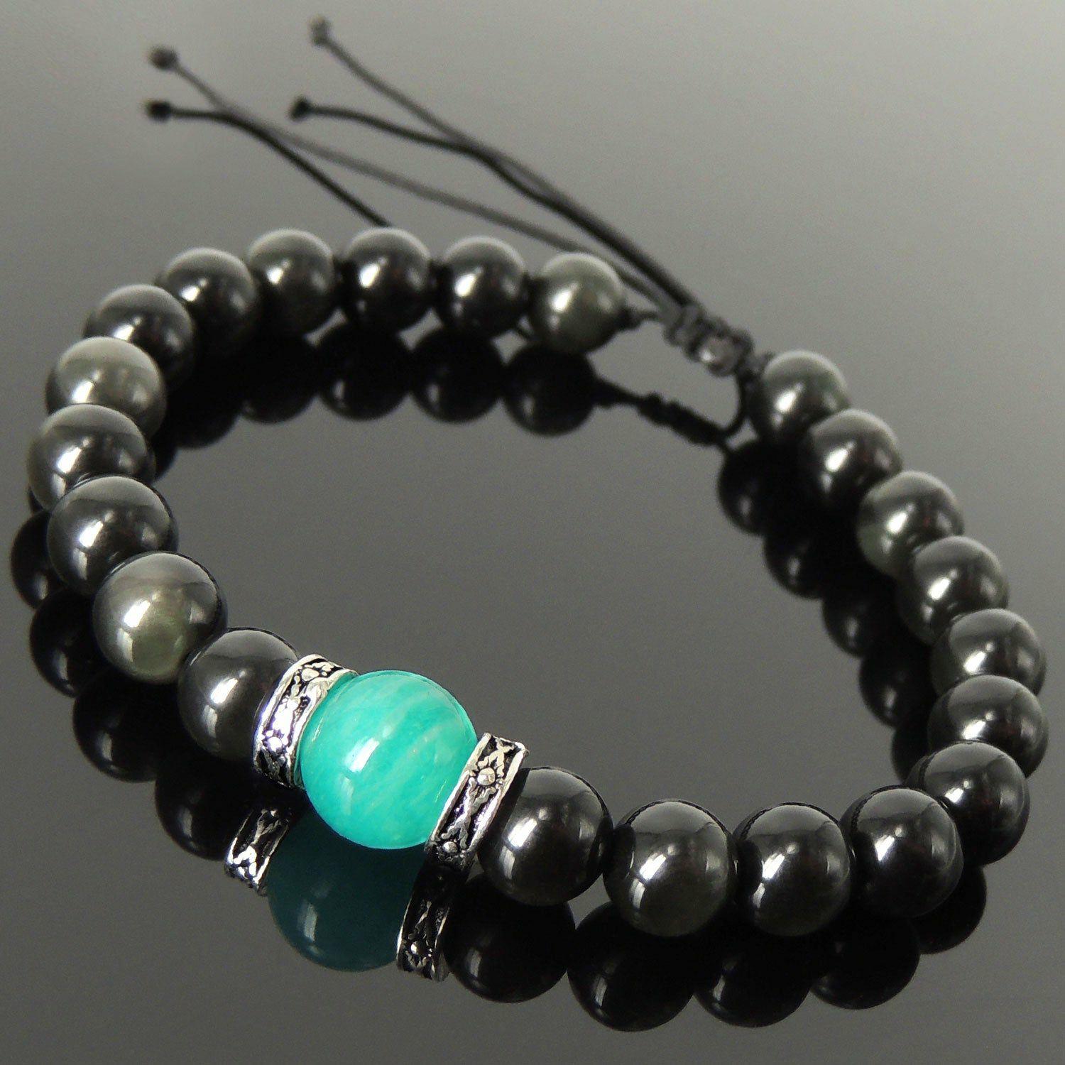 Vintage Design Handmade Braided Gemstone Bracelet – Men’s Women’s Casual Wear, Healing with Amazonite, Rainbow Black Obsidian, Adjustable Drawstring, S925 Sterling Silver Spacer Beads BR1775 | Bracelets Bracelets Bracelets