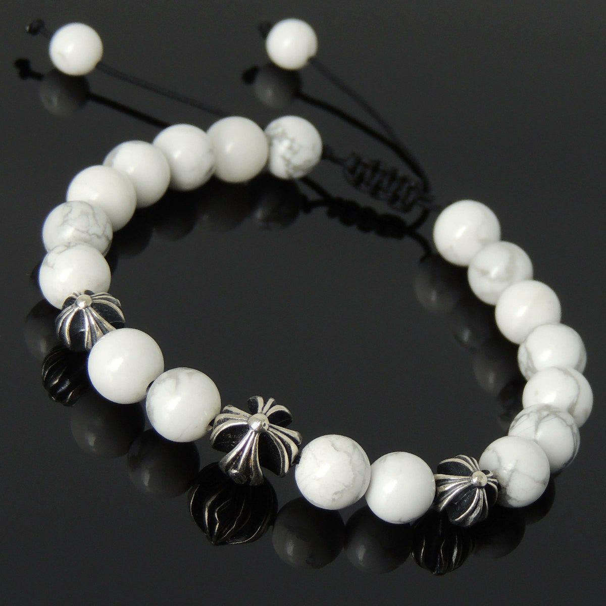 White Howlite Adjustable Braided Gemstone Bracelet with S925 Sterling Silver Holy Trinity Cross Beads | Bracelets Bracelets Bracelets