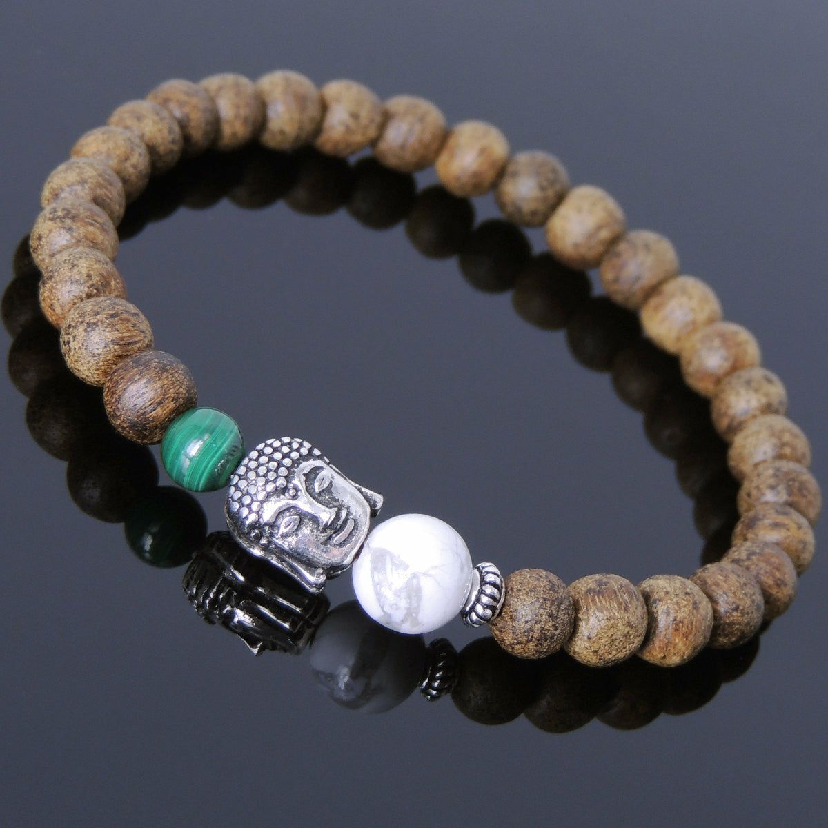 White Howlite, Malachite, & Agarwood Bracelet for Prayer & Meditation with S925 Sterling Silver Spacer & Guanyin Buddha Protection Bead | Agarwood Agarwood Agarwood