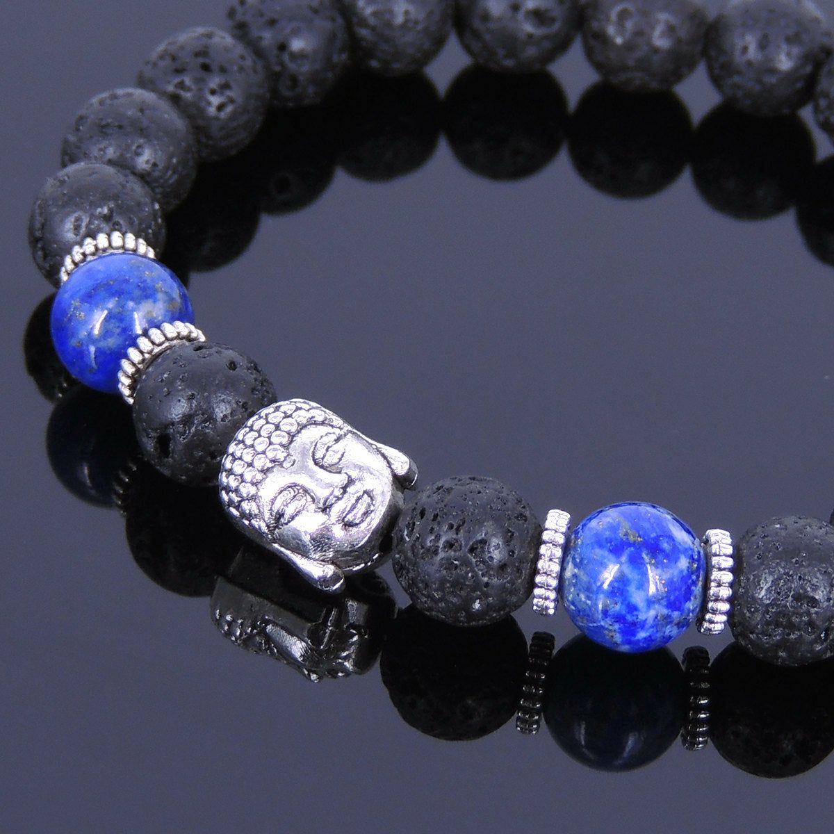 8mm Lapis Lazuli & Lava Rock Healing Stone Bracelet with Tibetan Silver Guanyin Buddha & Spacers | Bracelets Bracelets Bracelets