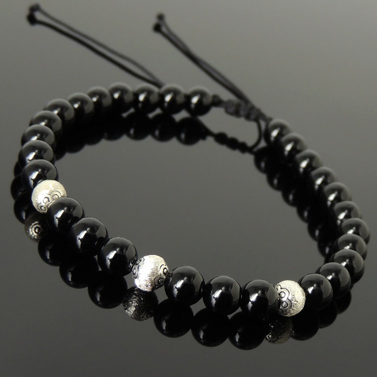 6mm Bright Black Onyx Adjustable Braided Bracelet with S925 Sterling Silver Artisan Beads | Bracelets Bracelets Bracelets