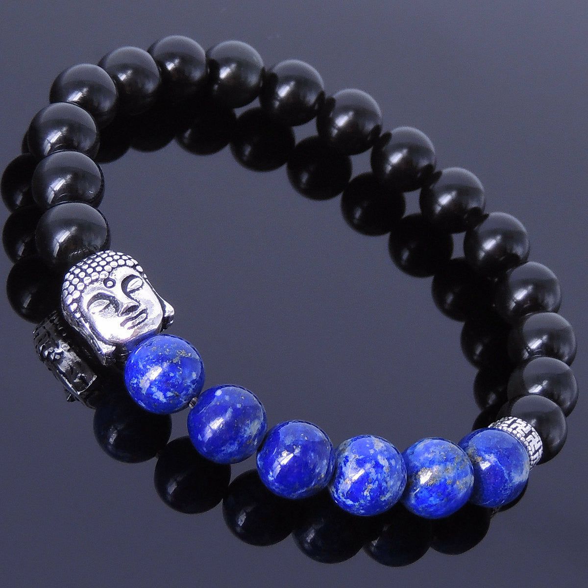 Rainbow Black Obsidian & Lapis Lazuli Healing Gemstone Bracelet with S925 Sterling Silver Sakyamuni Buddha & OM Meditation Spacer Bead | Bracelets Bracelets Bracelets