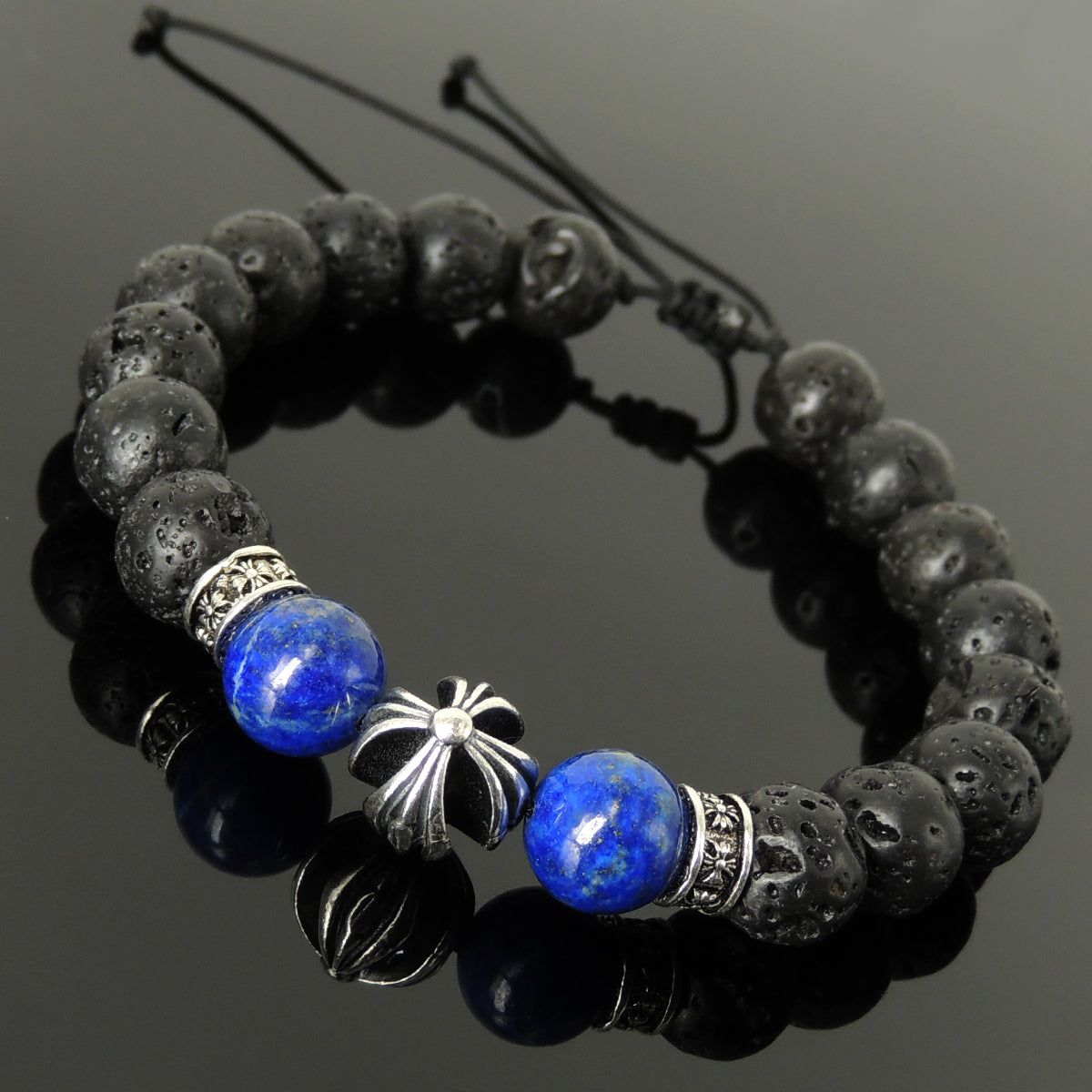 Handmade Braided Cross Pattern Design Bracelet – Healing Protection 10mm Lapis Lazuli, Lava Rock Stone Beads, Adjustable Drawstring, & Genuine 925 Sterling Silver Parts BR1524 | Bracelets Bracelets Bracelets