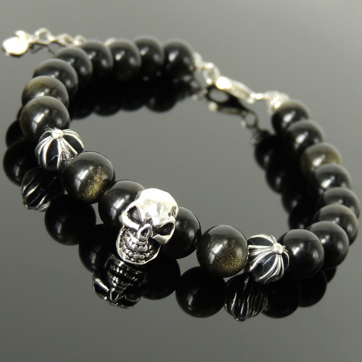 Handmade Spiritual Skull & Cross Clasp Bracelet with Healing Golden Obsidian 8mm Gemstones with Genuine S925 Sterling Silver Parts – BR1475 | Bracelets Bracelets Bracelets