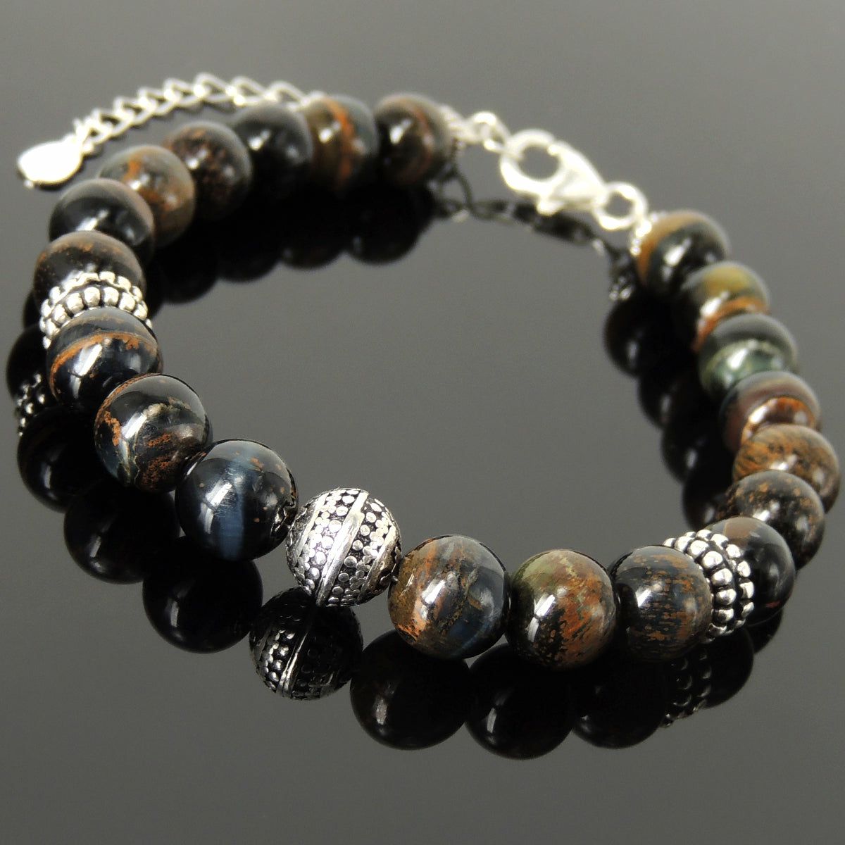 Yoga Pilates Wellness Energy Bracelet with Rare Mixed Blue Tiger Eye Healing 8mm Gemstone Tarot Crystals & Genuine S925 Sterling Silver Parts – BR1495 | Bracelets